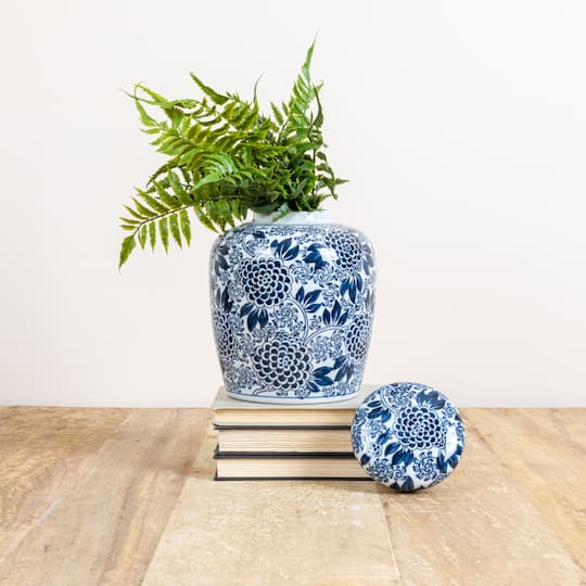 Hello Honey® 8" Blue & White Decorative Chrysanthemum Ceramic Ginger Jar with Lid